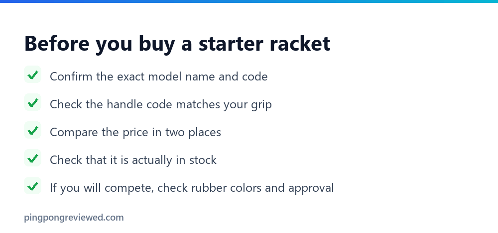 Checklist before buying a pre-assembled table tennis racket: model, handle code, price in two places, stock, rubber rules