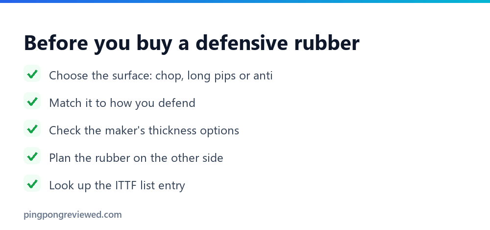 Best Defensive Table Tennis Rubber: 7 Picks by Surface (2026) 10 Checklist before buying a defensive table tennis rubber: surface, style, thickness, pairing, ITTF list