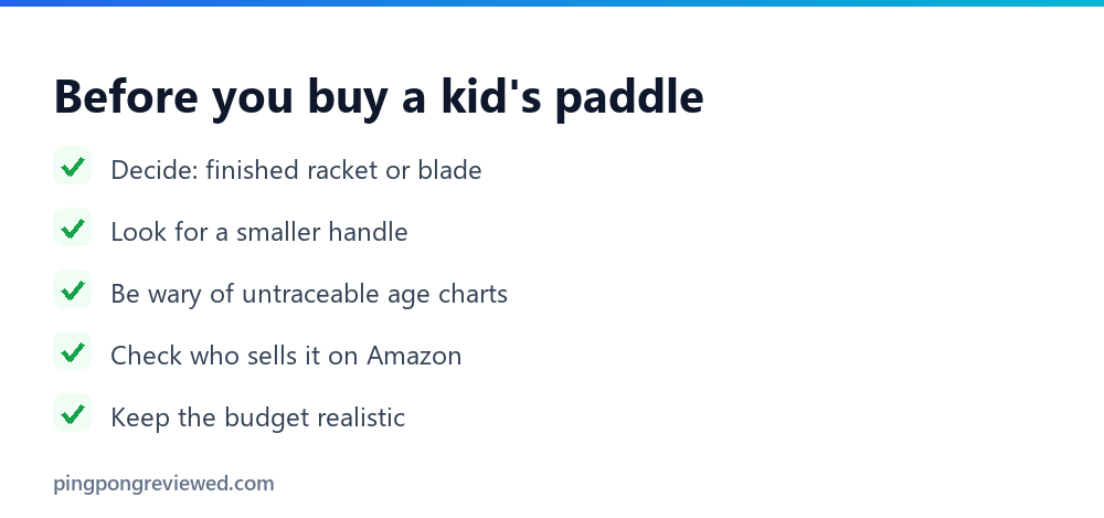 Checklist before buying a kid's ping pong paddle: finished or blade, handle size, age claim, seller, budget
