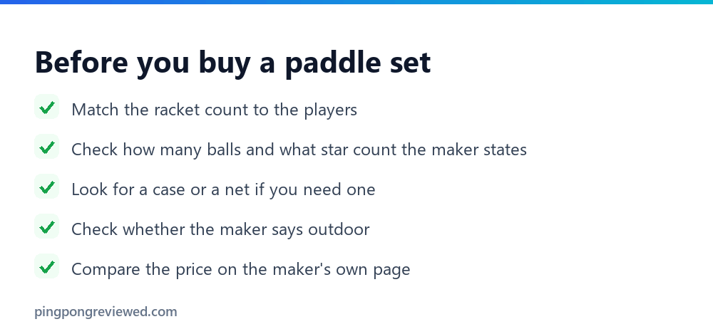 Checklist before buying a ping pong paddle set: racket count, ball stars, case, net, outdoor claim