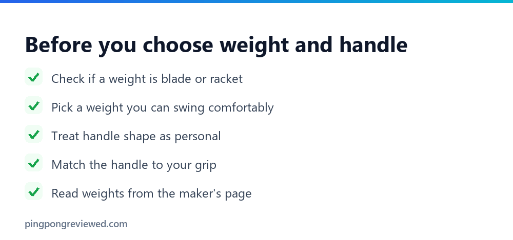 Checklist for choosing paddle weight and handle: blade or racket weight, swing comfort, handle preference, grip, maker page
