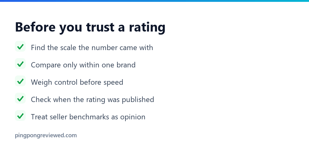 Checklist for reading table tennis racket ratings: scale, brand, control, date, benchmark claims
