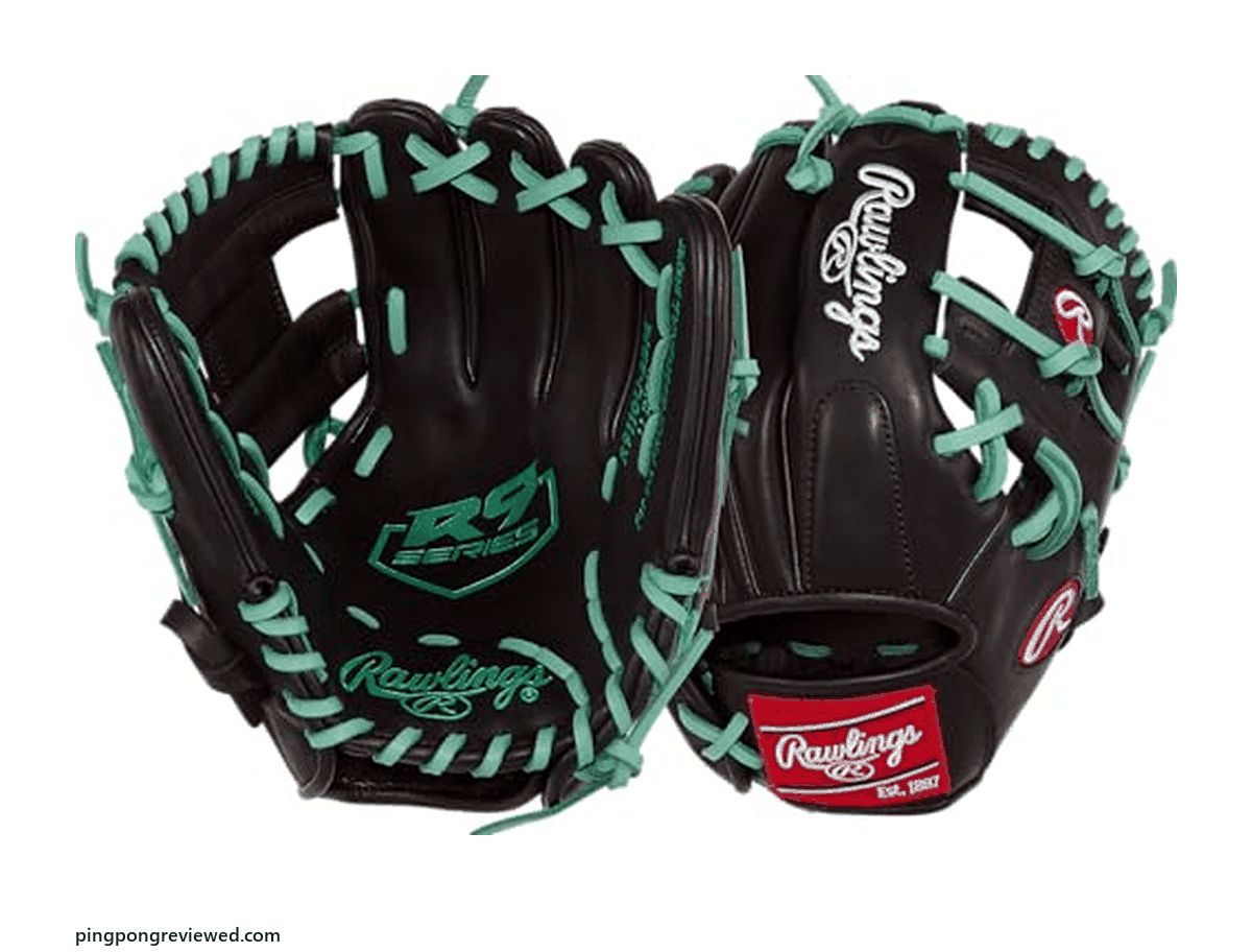 Rawlings R9 ContoUR 11 inch youth baseball glove in black and mint