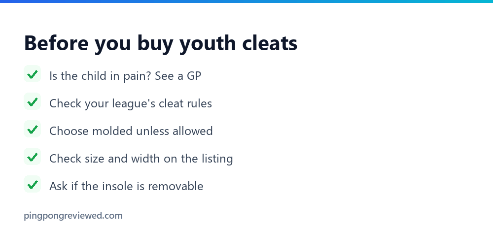 Checklist before buying youth baseball cleats for a child with flat feet: pain check, league rules, molded or metal, size and width, insole